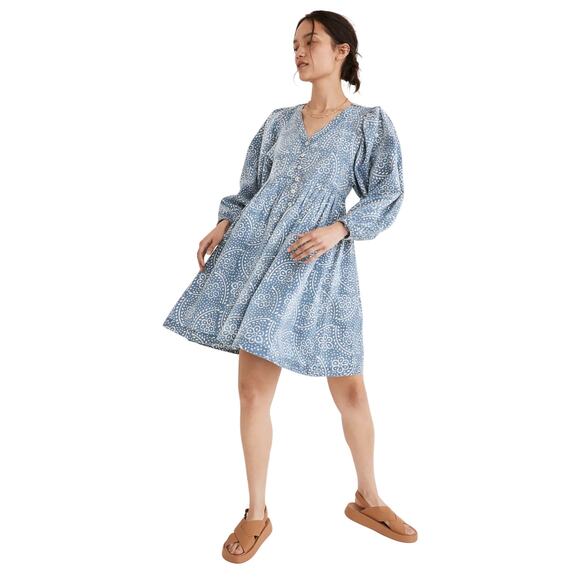 Madewell Blue Floral Bubble Sleeve Button-Front Summer Mini Dress Size Medium - Picture 2 of 8